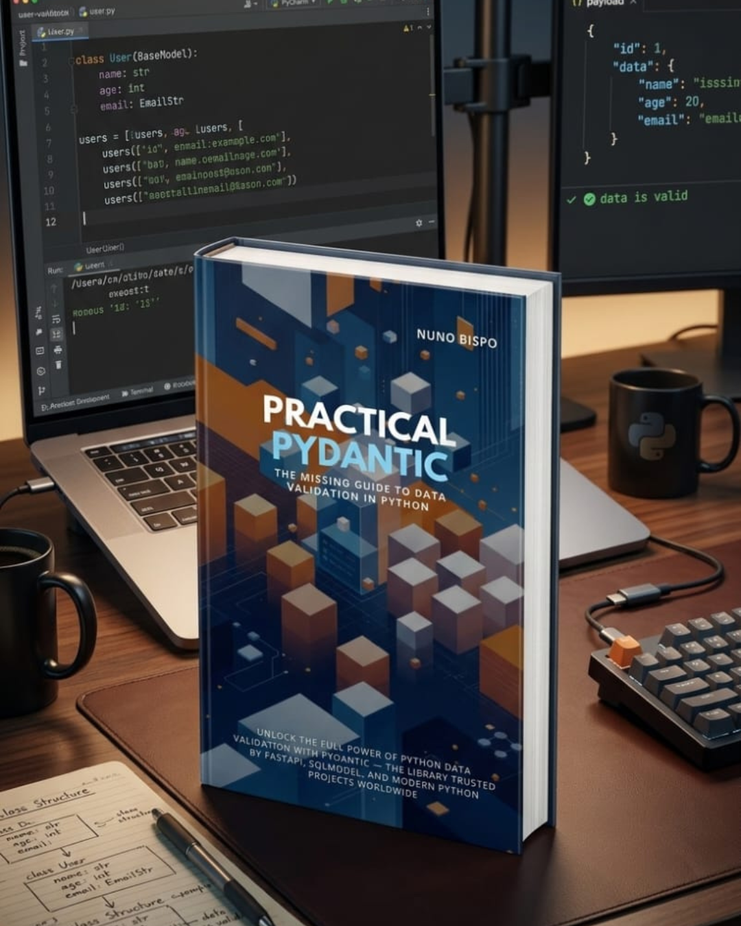 Practical Pydantic on a developer desk beside a laptop showing Pydantic models and a notebook of class notes