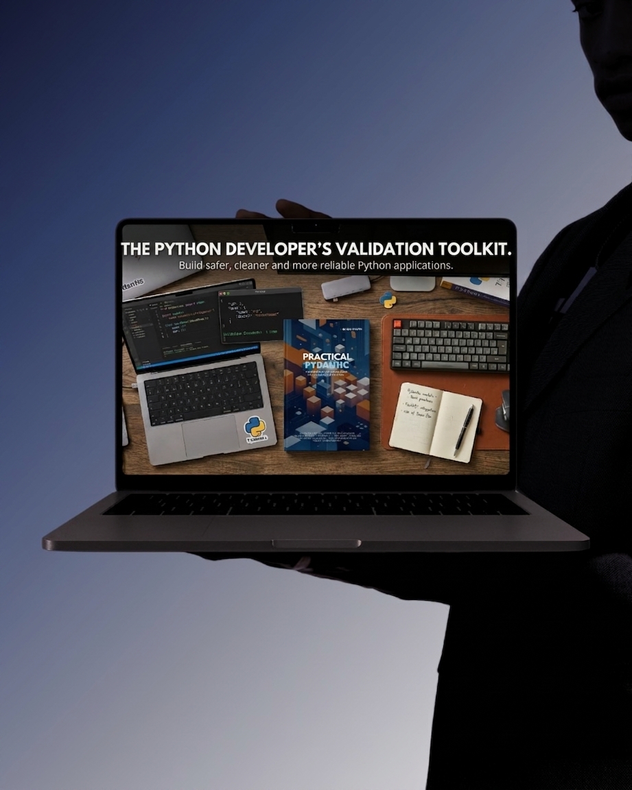 Laptop displaying The Python developer’s validation toolkit and the Practical Pydantic cover
