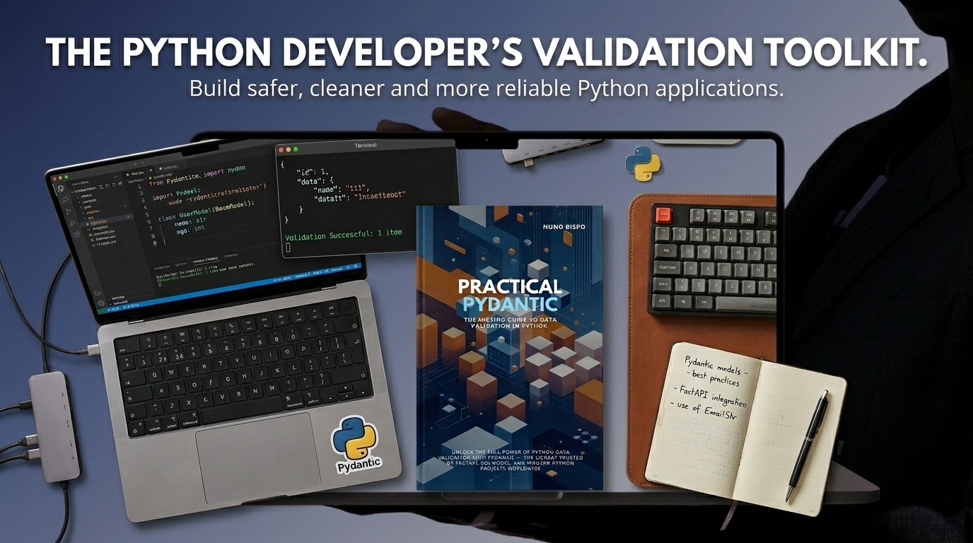 Promotional still: The Python developer’s validation toolkit, with the book, a laptop, and a validation terminal