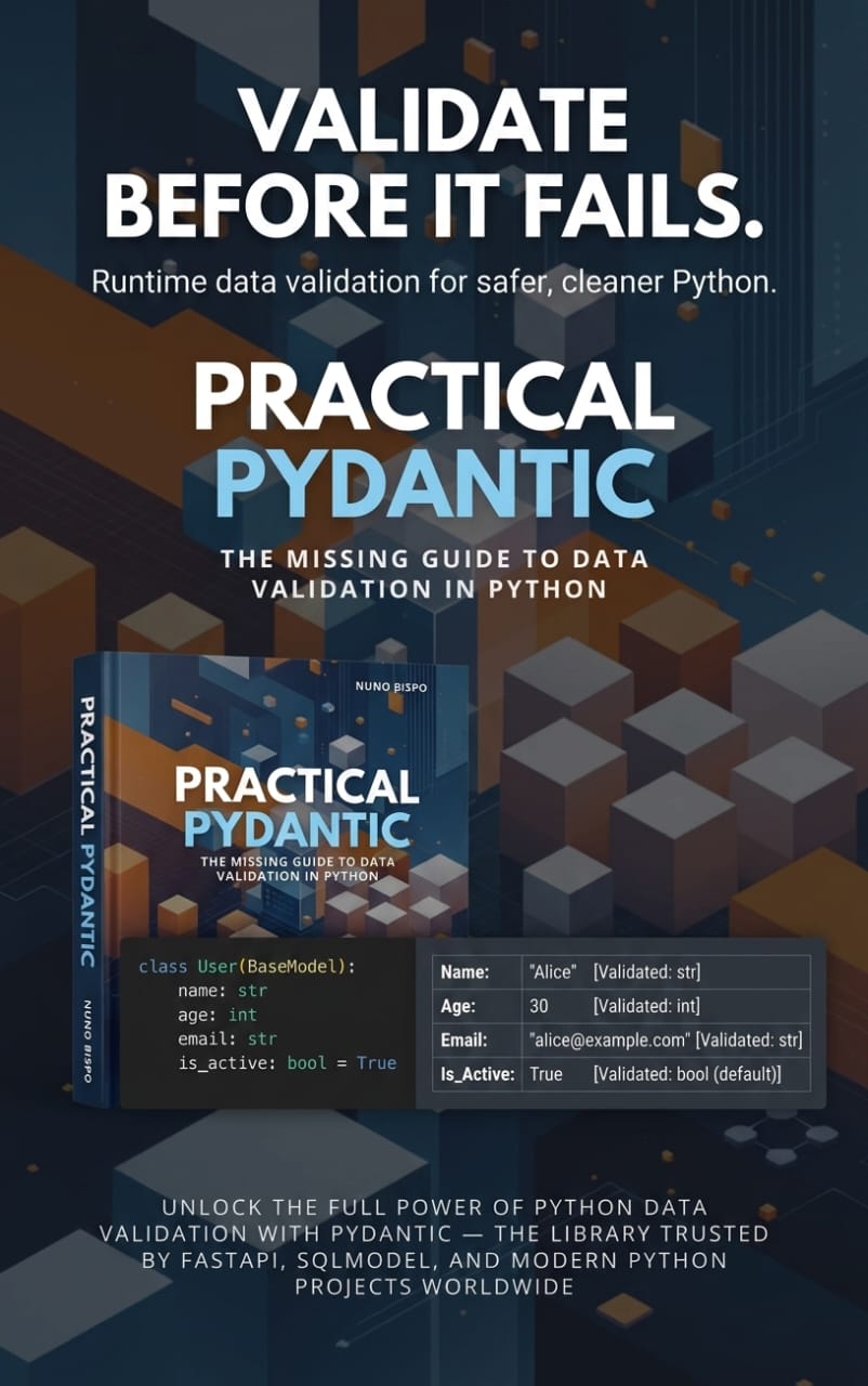 Validate before it fails graphic with a Practical Pydantic cover and a User model example